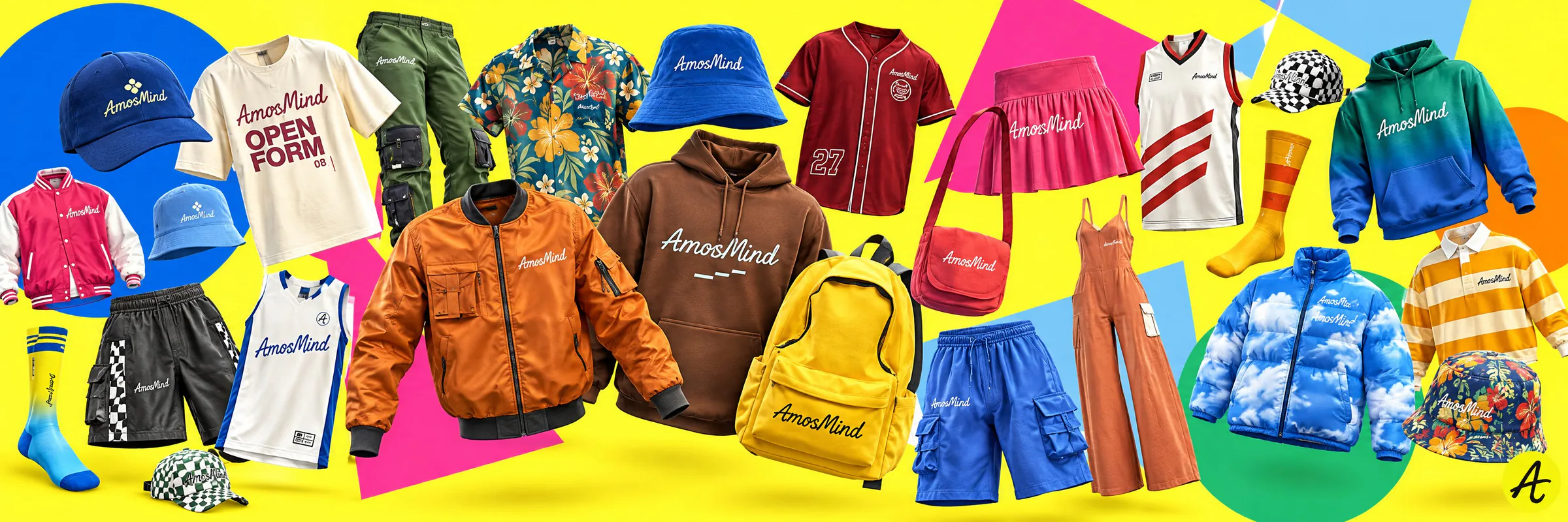Collage of 3D apparel mockups with AmosMind prints: jackets, hoodies, T-shirts, pants, shorts and caps on a bright yellow background