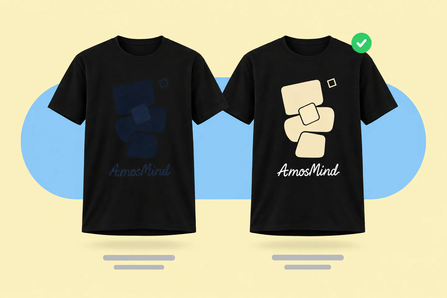 The same artwork on two black T-shirts: a dark version that almost disappears and a light version that stays clear