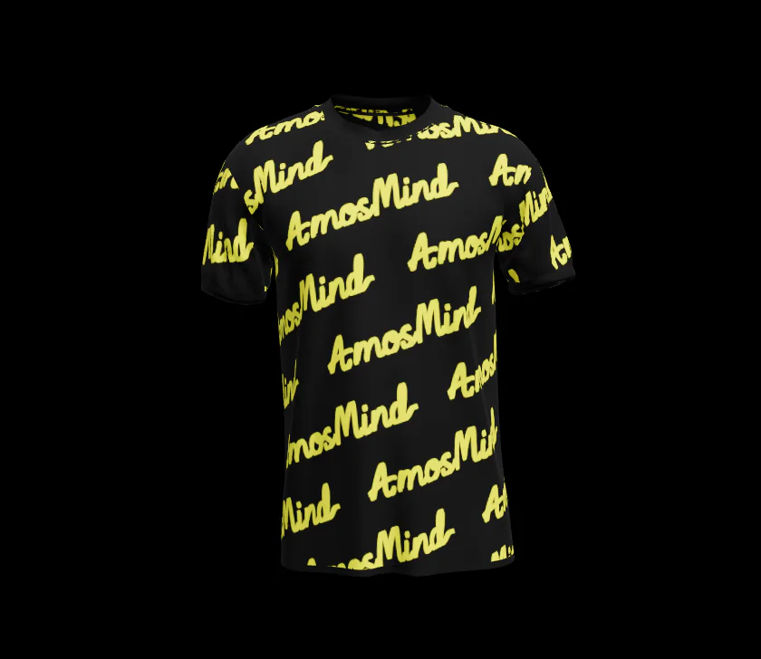 Black classic crew-neck T-shirt mockup with an all-over yellow AmosMind print