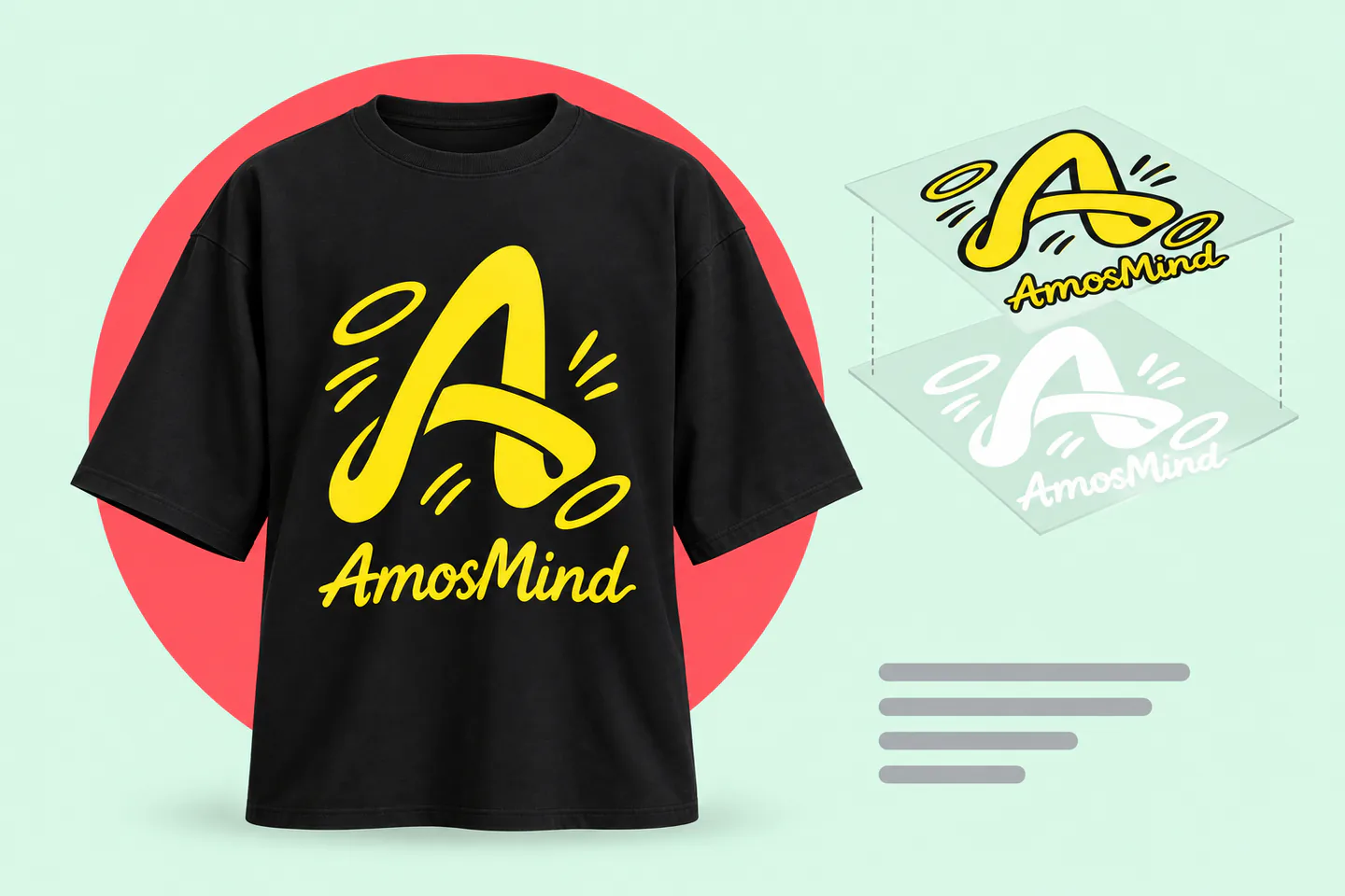 A black T-shirt with a yellow AmosMind print, and its layers: a white underbase under the yellow ink