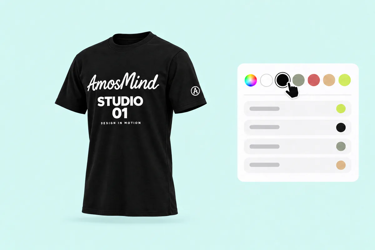 The black T-shirt with its artwork beside the garment color panel