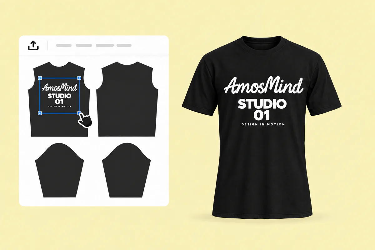 Placing white AmosMind artwork on the front piece of the black T-shirt