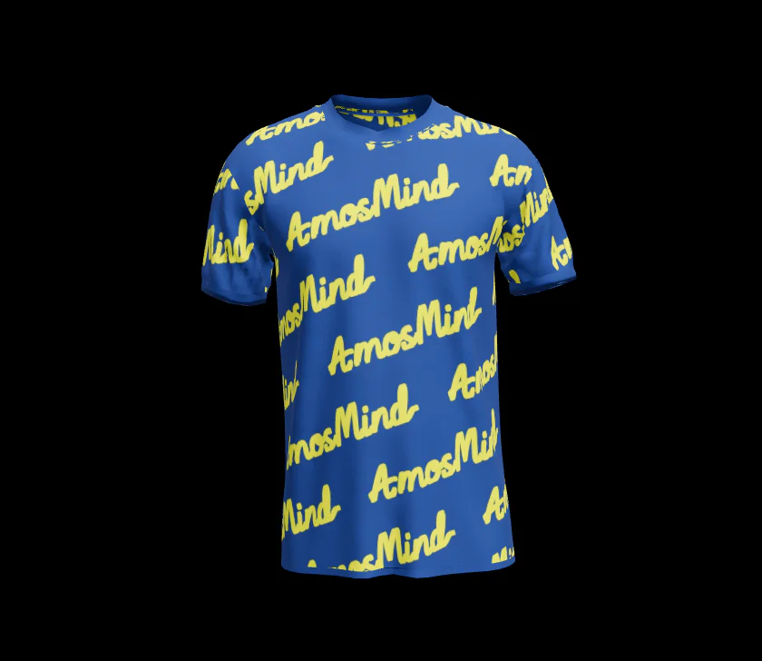 Royal blue classic crew-neck T-shirt mockup with an all-over yellow AmosMind print