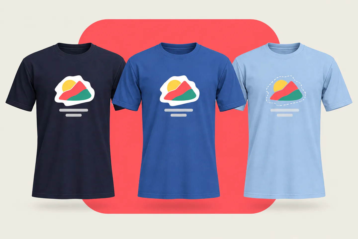 The same print on navy, royal blue and light blue T-shirts