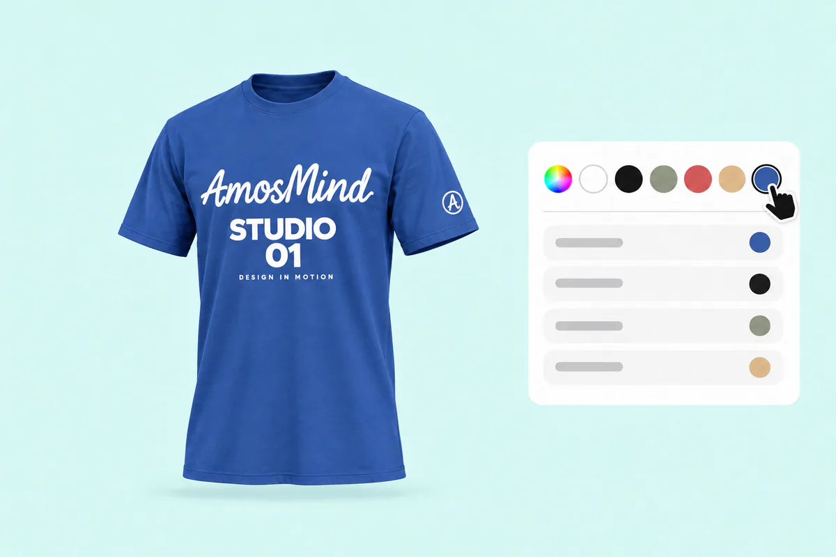 The royal blue T-shirt with its artwork beside the garment color panel