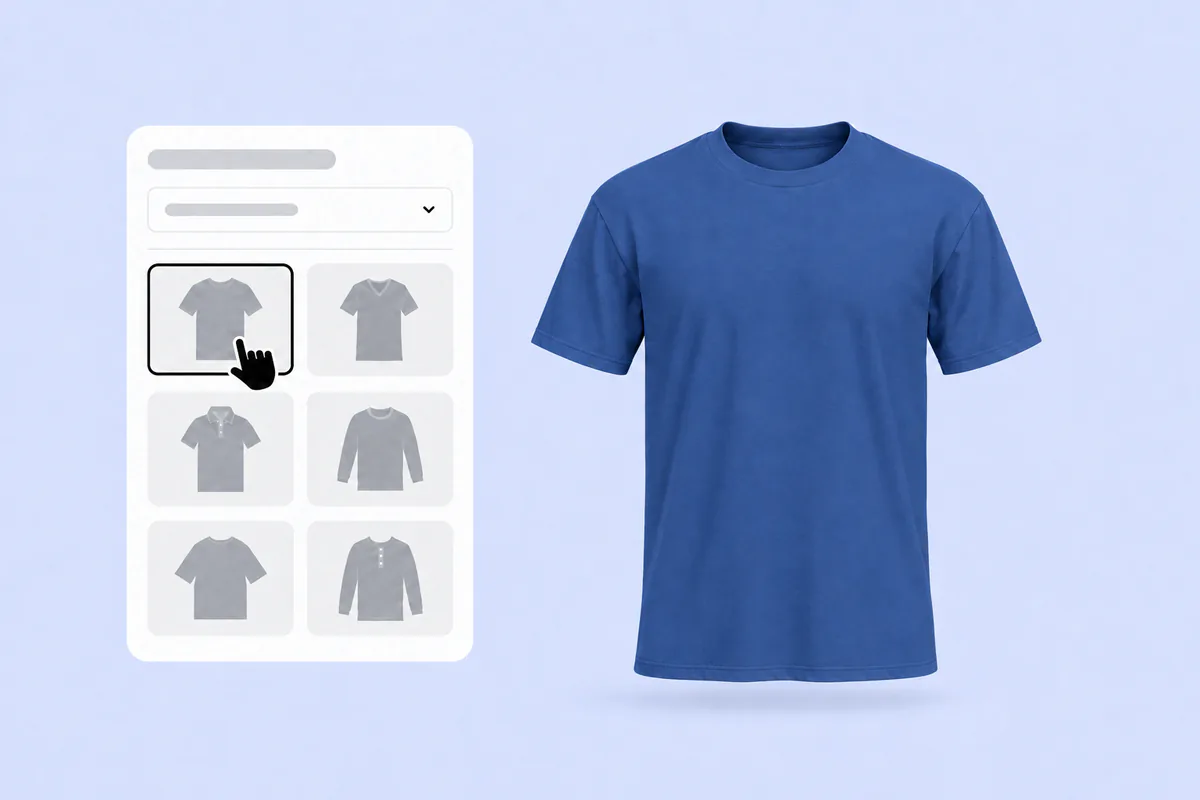 Choosing the classic crew-neck T-shirt in the mockup panel, already in royal blue
