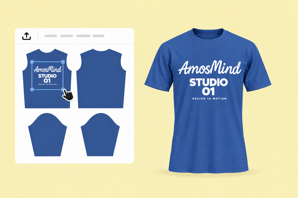 Placing white AmosMind artwork on the front piece of the royal blue T-shirt