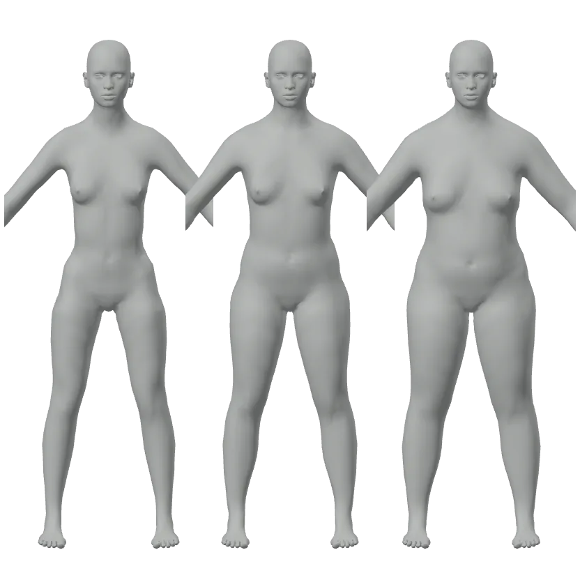 Three 3D bodies of the same height at three different weights
