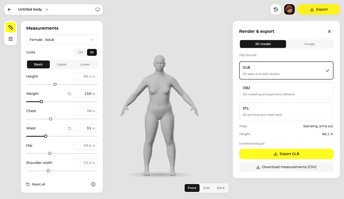 The export panel of the body visualizer, with GLB, OBJ and STL to choose from