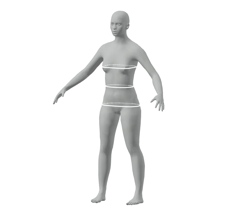 Standing 3D body with tape lines around the chest, waist and hips
