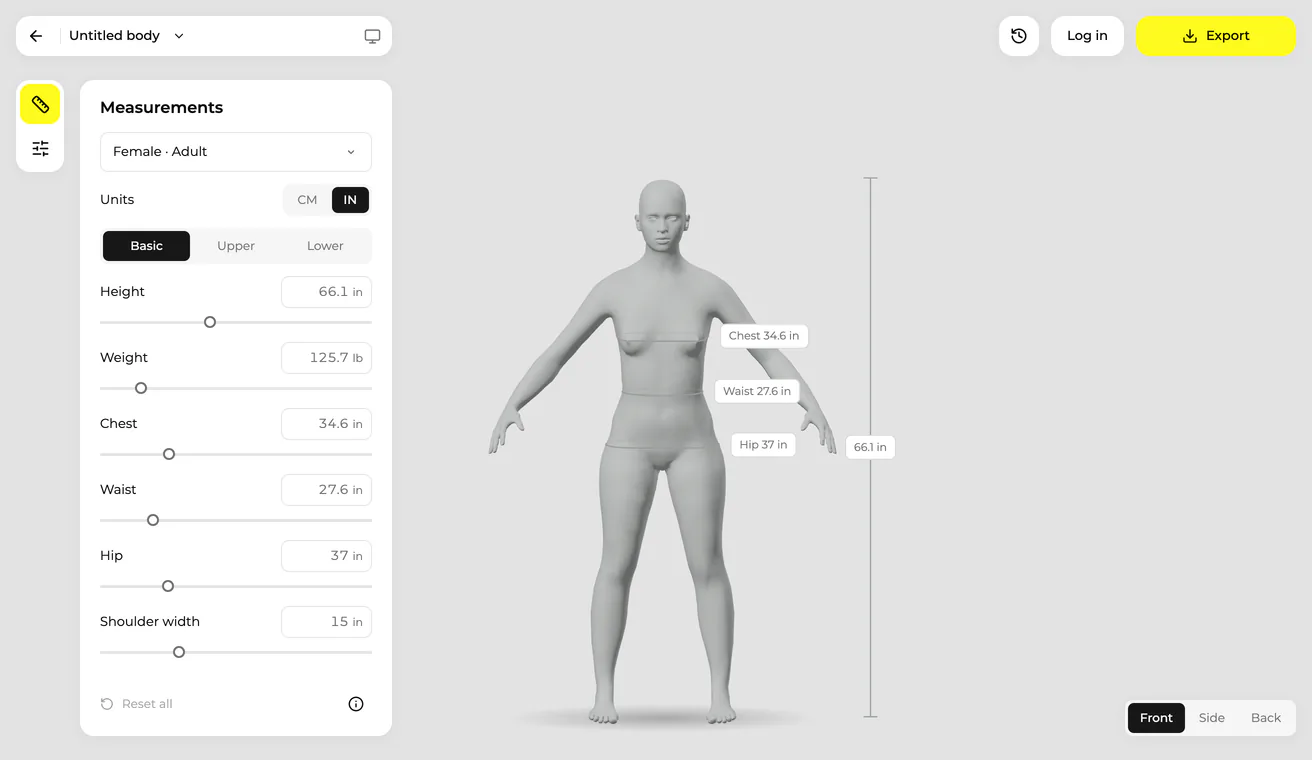 The body visualizer: measurements on the left, the 3D body in the middle