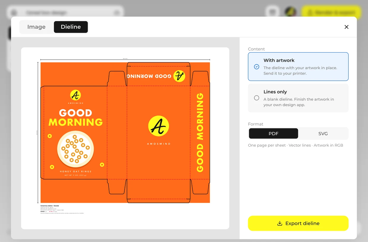 Export the image and the dieline: cereal box in the 3D editor