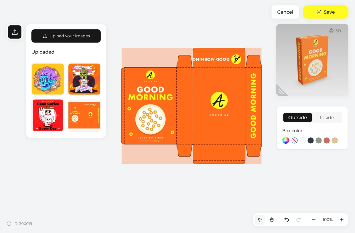 Place your artwork on the dieline: cereal box in the 3D editor