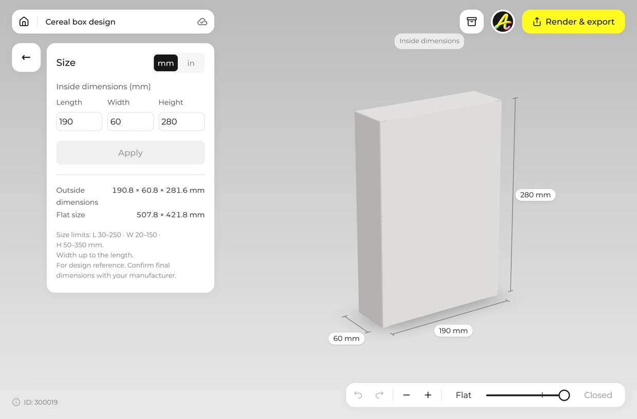 Set your size: cereal box in the 3D editor