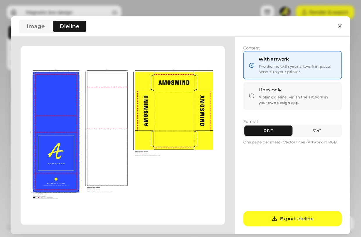 Export the image and the dieline: magnetic box in the 3D editor