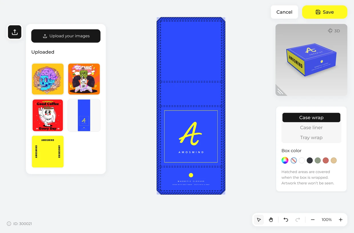 Place your artwork on the dieline: magnetic box in the 3D editor