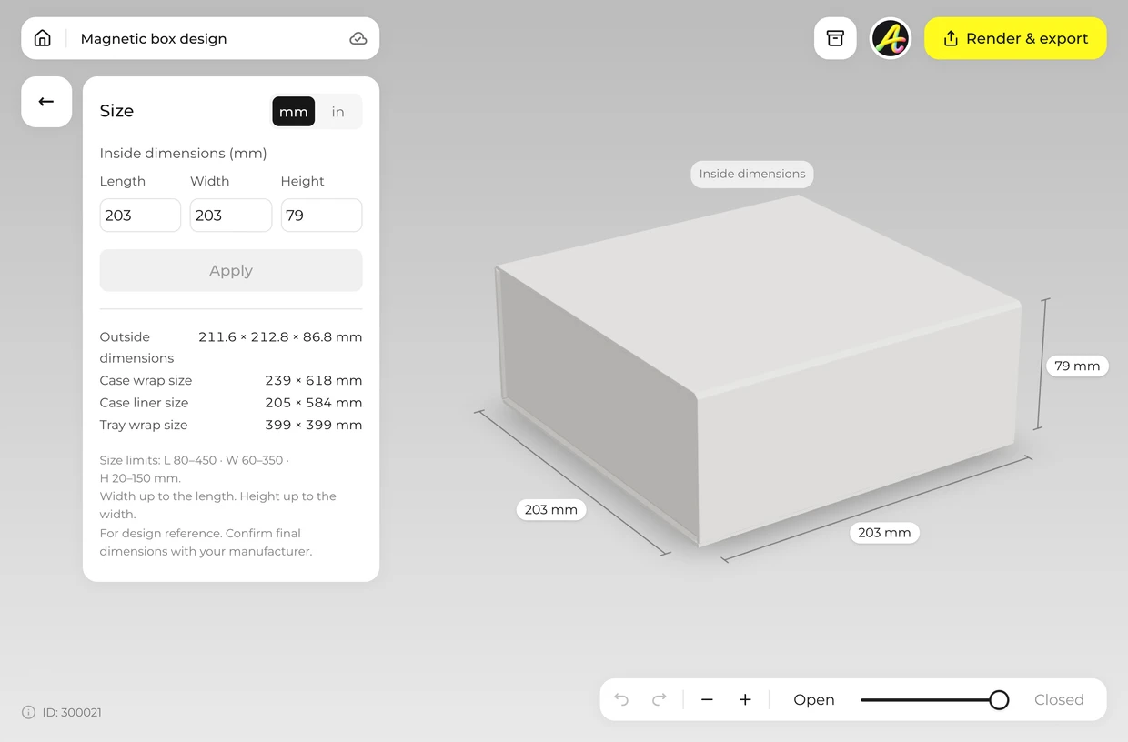 Set your size: magnetic box in the 3D editor