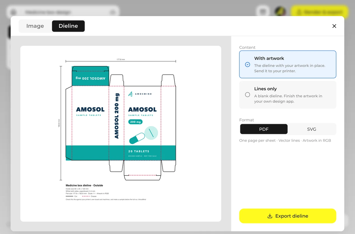 Export the image and the dieline: medicine box in the 3D editor
