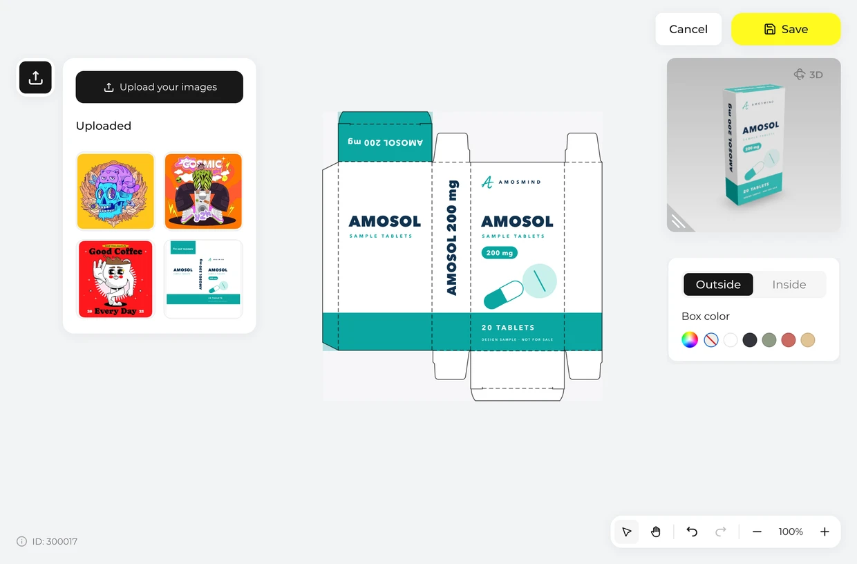 Place your artwork on the dieline: medicine box in the 3D editor