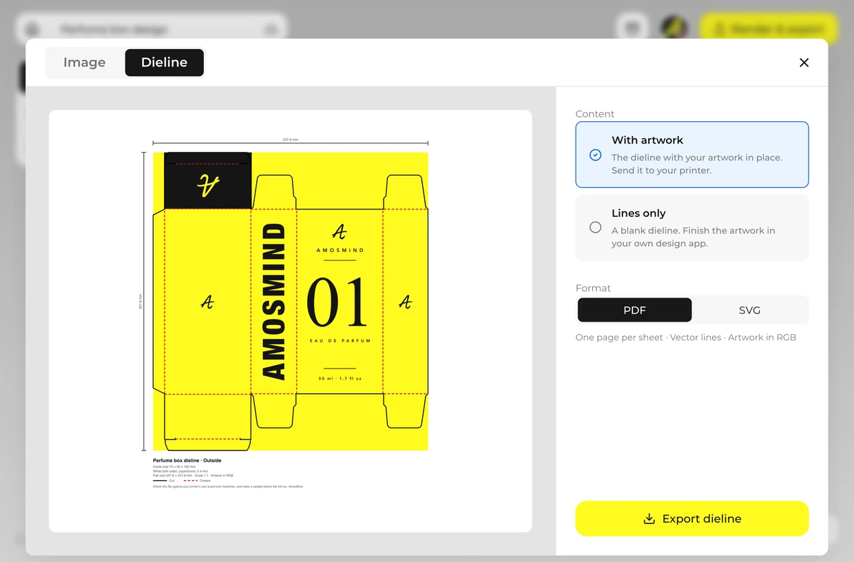 Export the image and the dieline: perfume box in the 3D editor