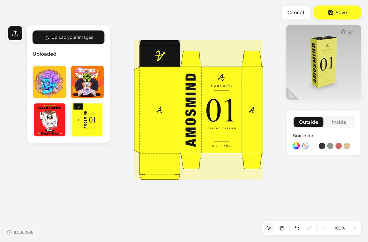 Place your artwork on the dieline: perfume box in the 3D editor