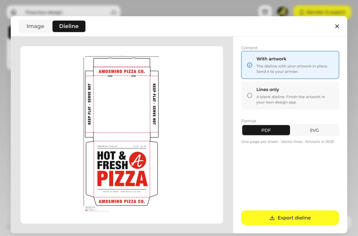 Export the image and the dieline: pizza box in the 3D editor