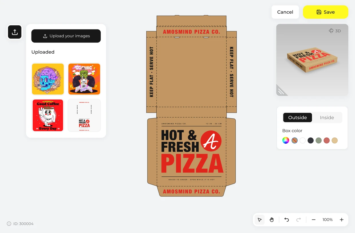Place your artwork on the dieline: pizza box in the 3D editor
