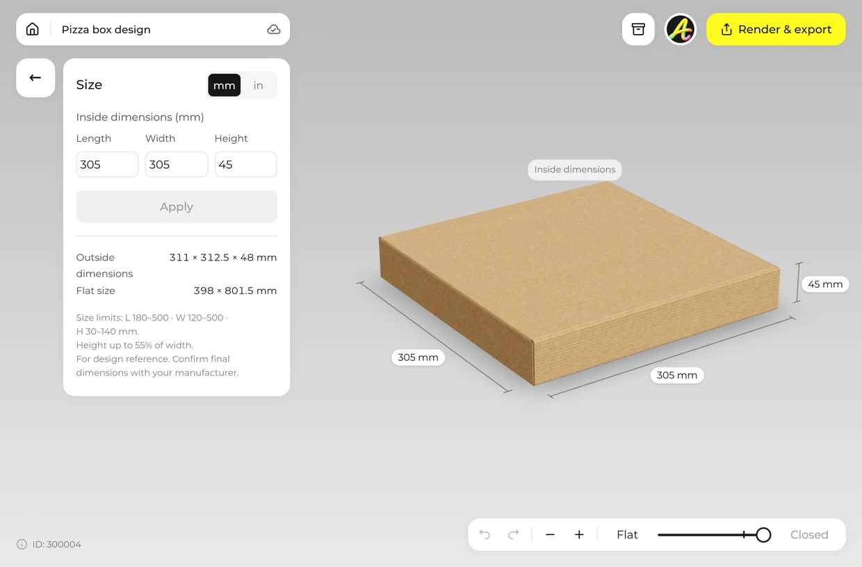 Set your size: pizza box in the 3D editor