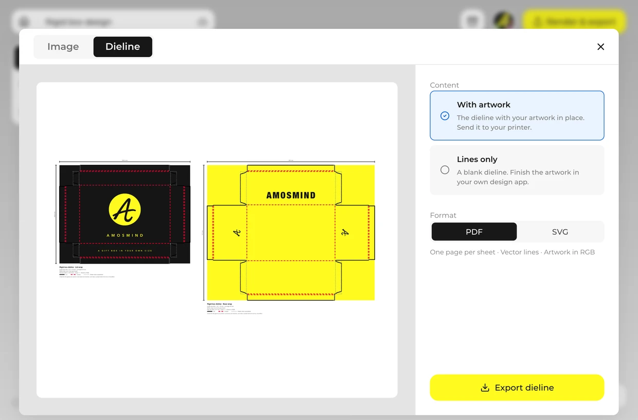 Export the image and the dieline: rigid box in the 3D editor