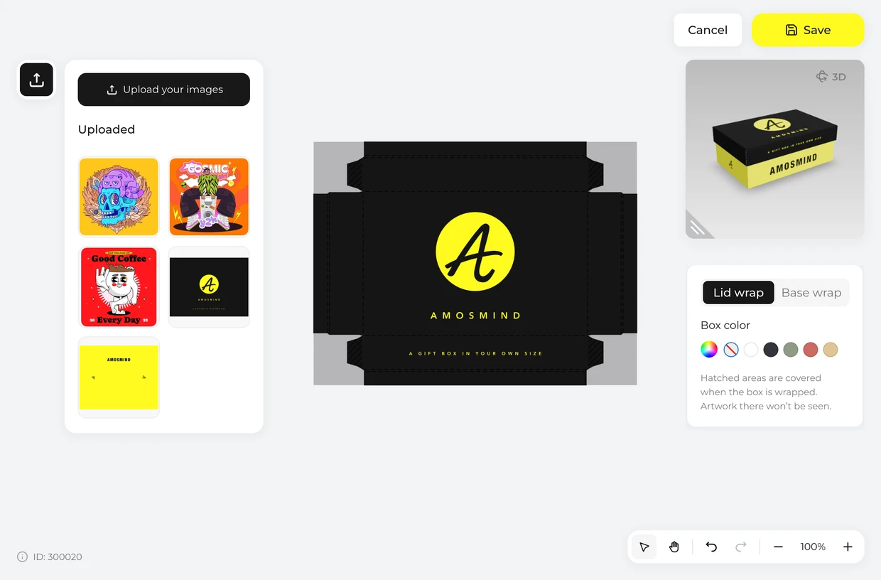Place your artwork on the dieline: rigid box in the 3D editor