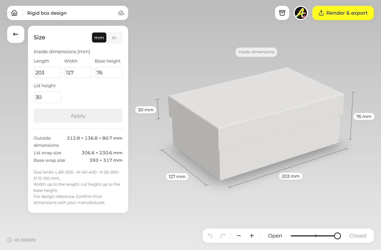 Set your size: rigid box in the 3D editor