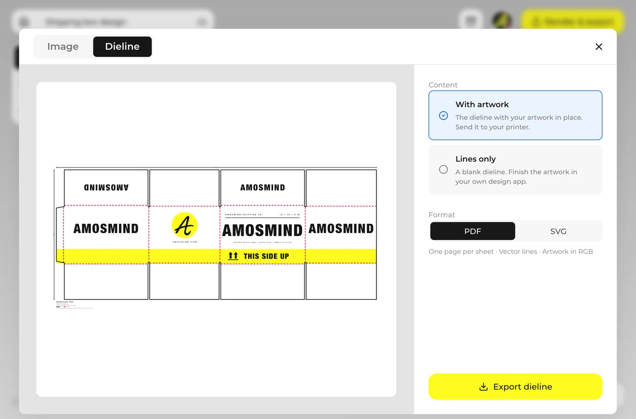 Export the image and the dieline: shipping box in the 3D editor