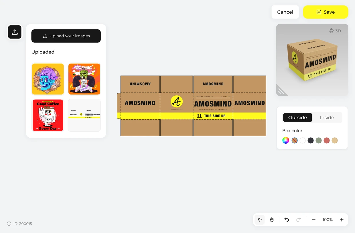 Place your artwork on the dieline: shipping box in the 3D editor