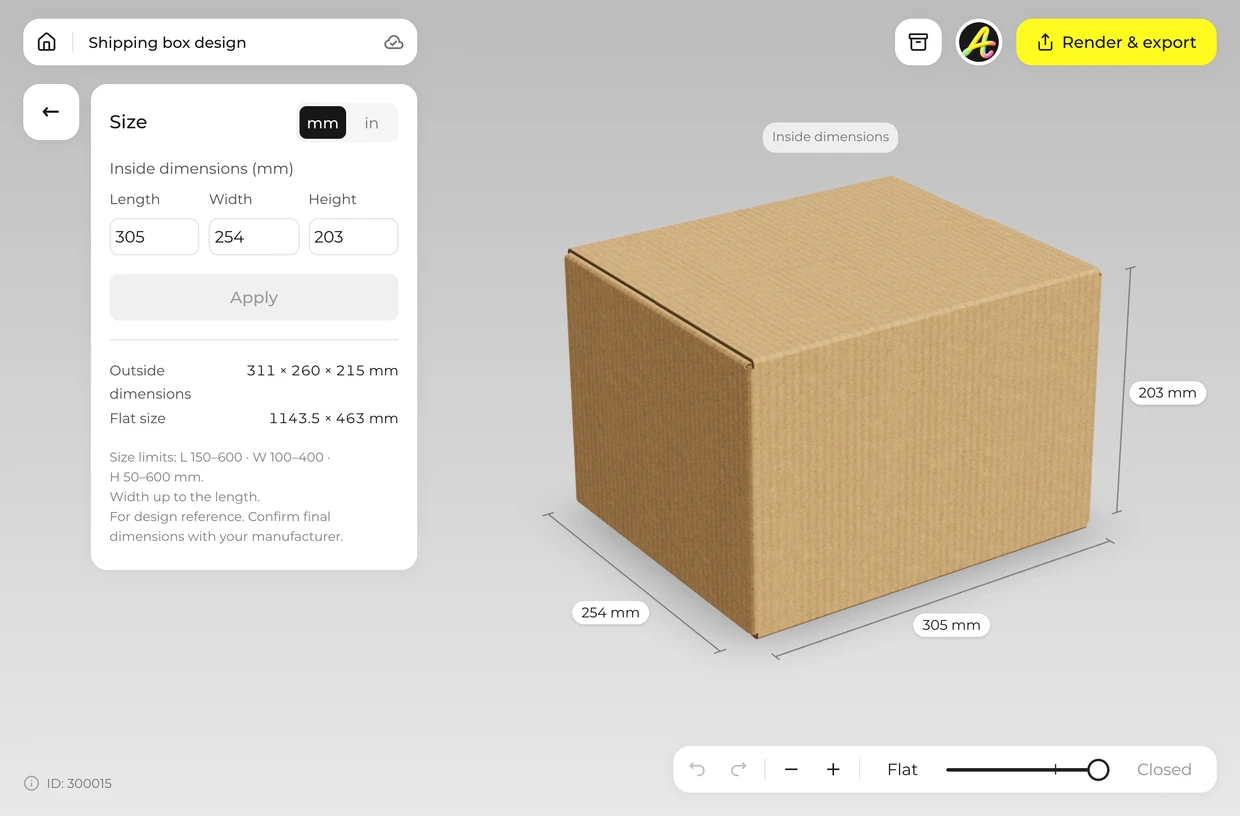 Set your size: shipping box in the 3D editor