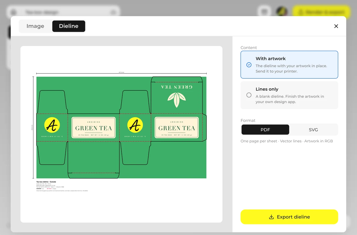Export the image and the dieline: tea box in the 3D editor