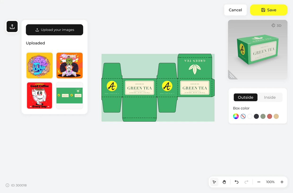 Place your artwork on the dieline: tea box in the 3D editor