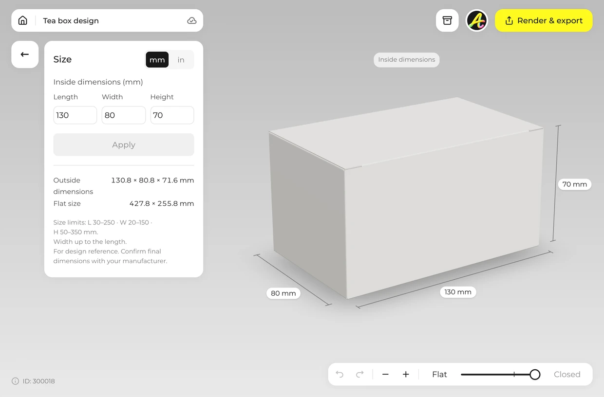 Set your size: tea box in the 3D editor