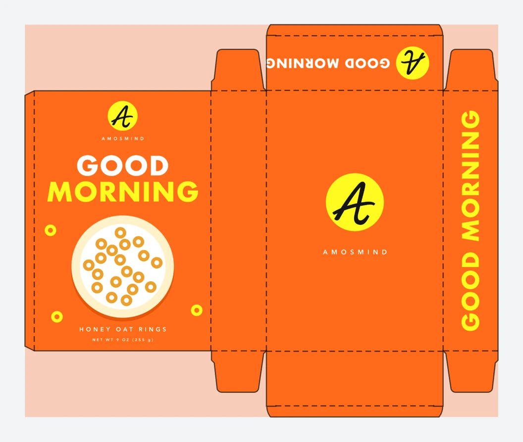 Cereal box dieline with AmosMind artwork