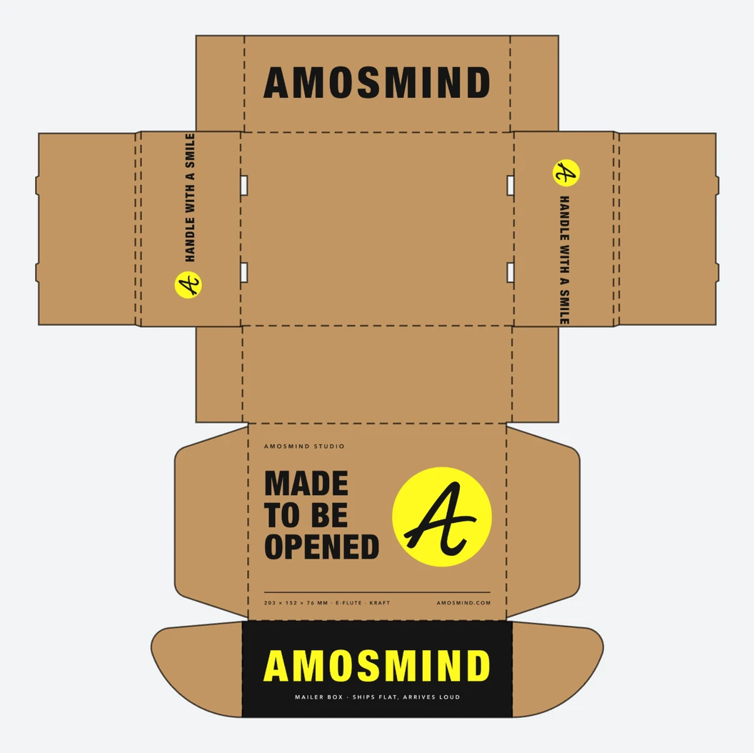 Mailer box dieline with AmosMind artwork
