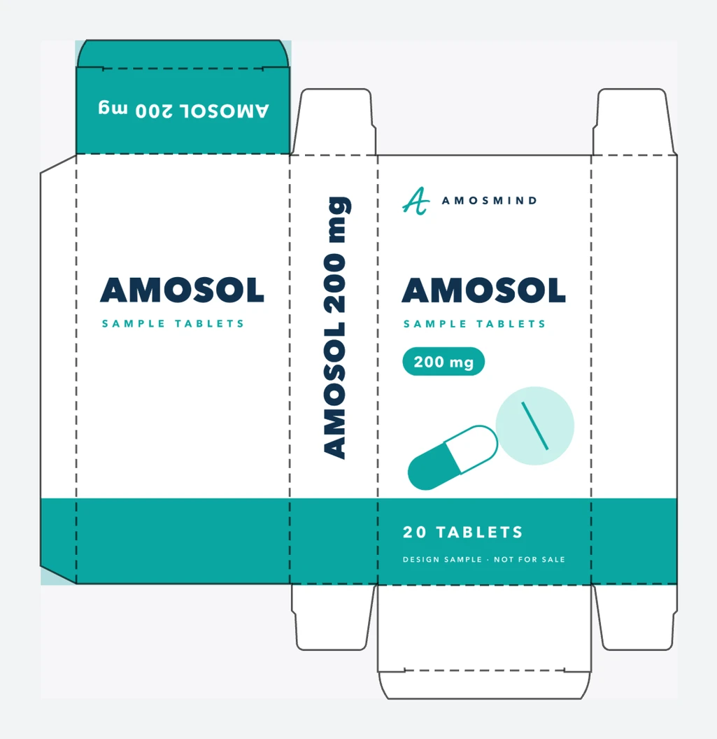Medicine box dieline with AmosMind artwork