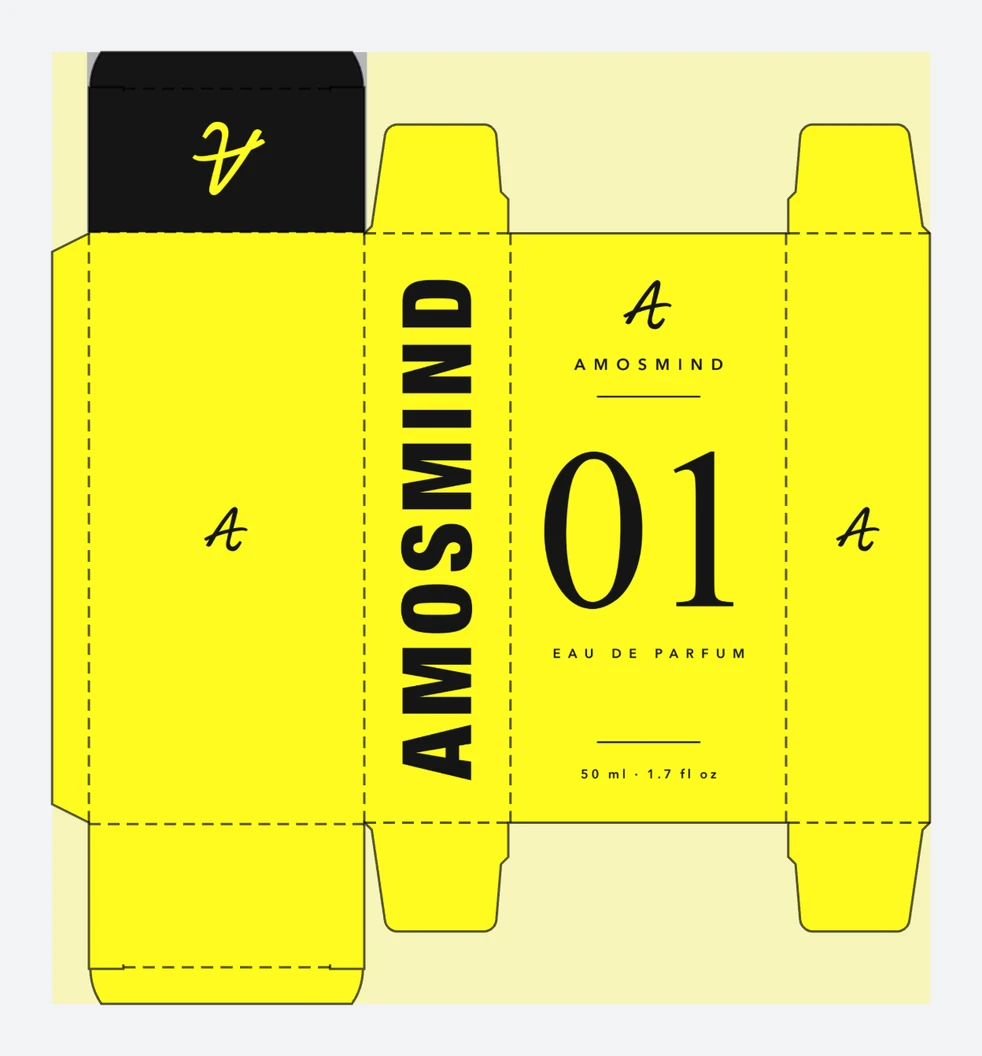 Perfume box dieline with AmosMind artwork