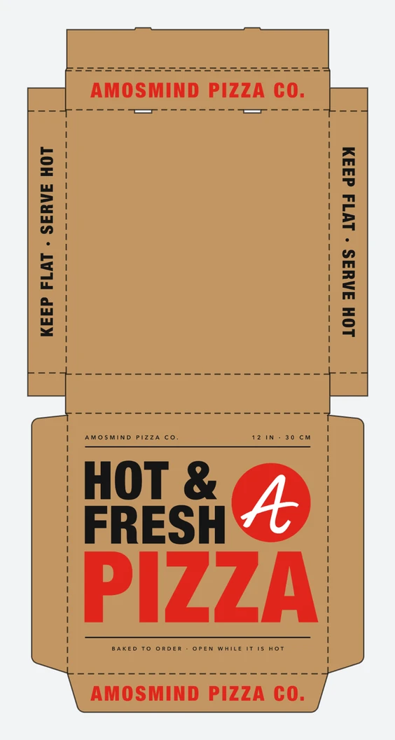 Pizza box dieline with AmosMind artwork