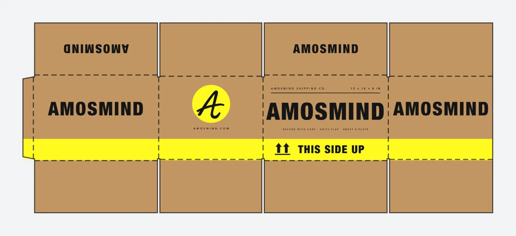 Shipping box dieline with AmosMind artwork