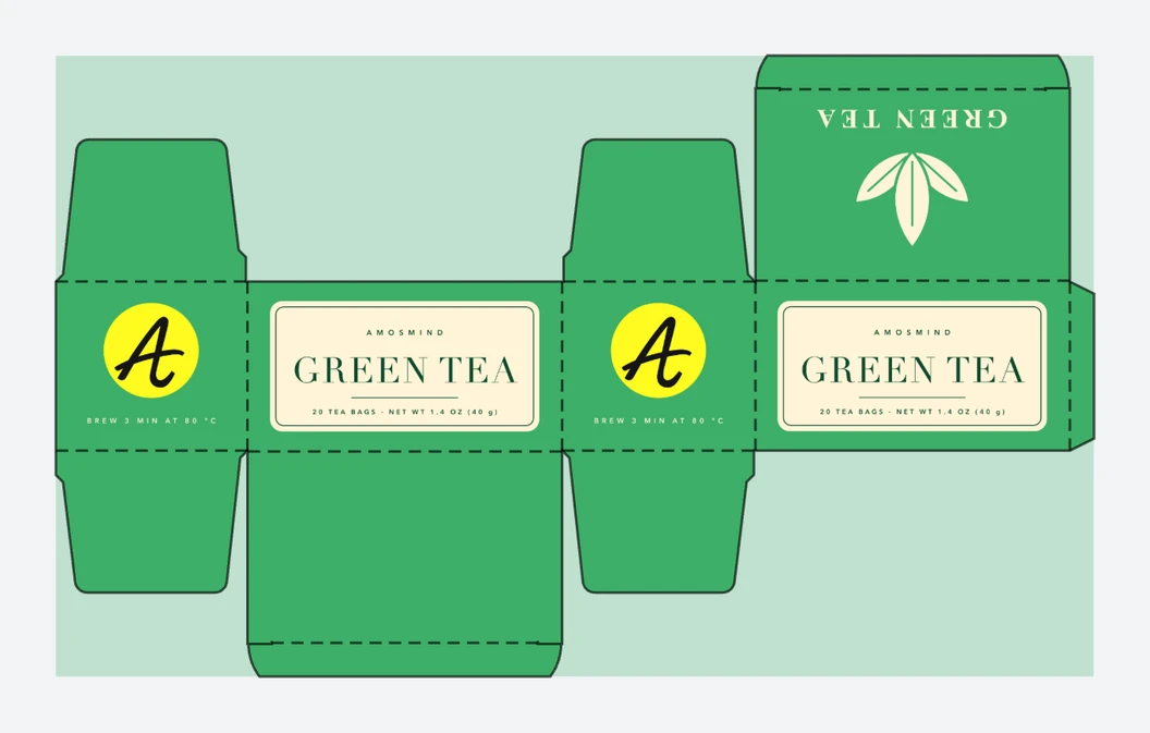 Tea box dieline with AmosMind artwork