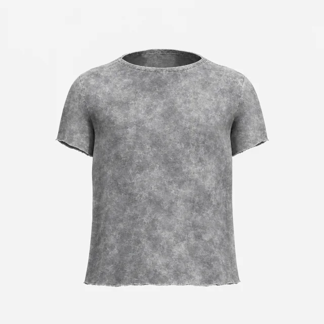 A grey T-shirt with a mottled acid wash and raw-cut sleeve and hem edges