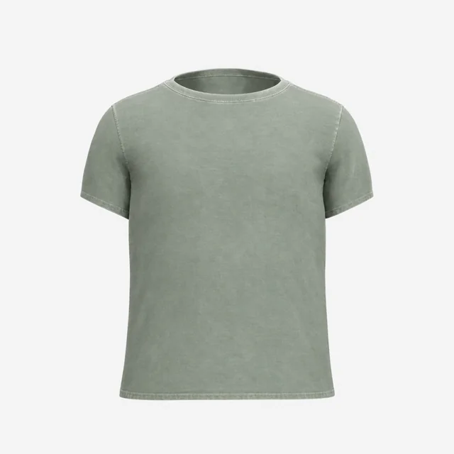 A sage green T-shirt with paler, worn-looking seams