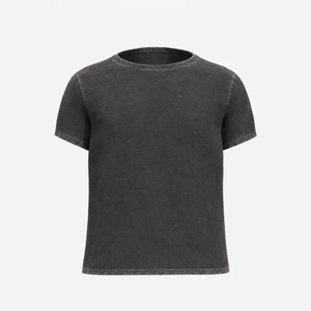 A faded charcoal T-shirt with lighter seams and hems