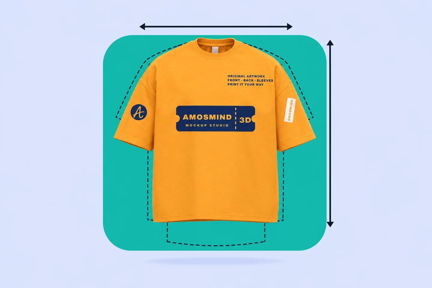 An orange boxy T-shirt over the dashed outline of a narrower, longer regular tee, with arrows along its width and its length