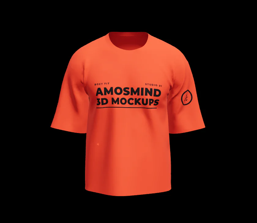 Boxy cropped T-shirt mockup in coral with black AmosMind 3D mockups artwork across the chest