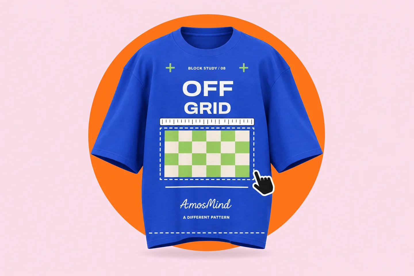 A blue wide boxy T-shirt with a dashed print area and a ruler across the chest, and a dashed line just above the hem
